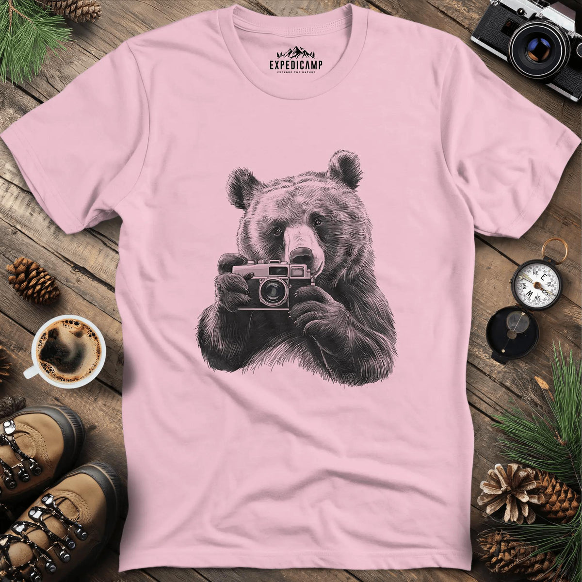 Wildlife Photographer Bear T-Shirt – Light Pink – Outdoor apparel for travel, hiking, camping, and nature lovers – ExpediCamp