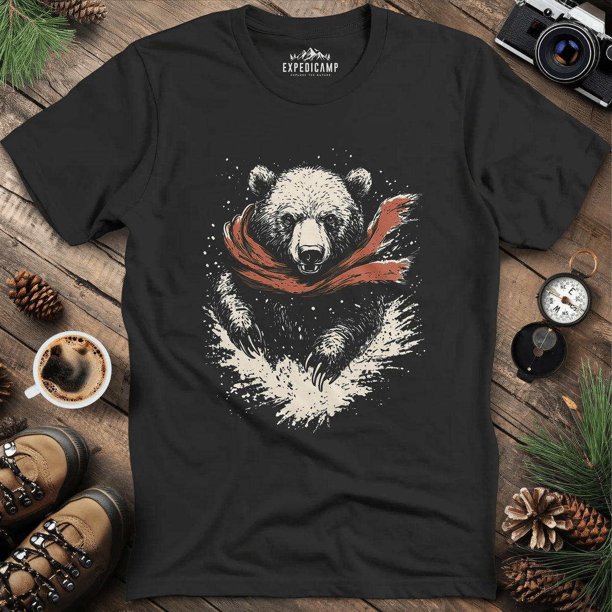Winter Bear Scarf T-Shirt – Cozy Wilderness Design – Black – Outdoor apparel for travel, hiking, camping, and nature lovers – ExpediCamp