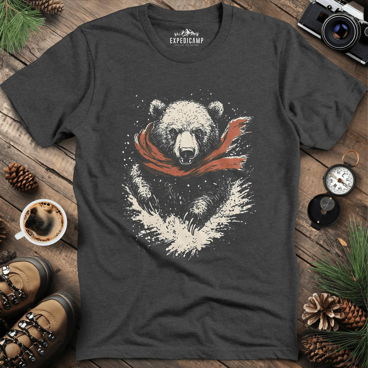 Winter Bear Scarf T-Shirt – Cozy Wilderness Design – Dark Heather – Outdoor apparel for travel, hiking, camping, and nature lovers – ExpediCamp