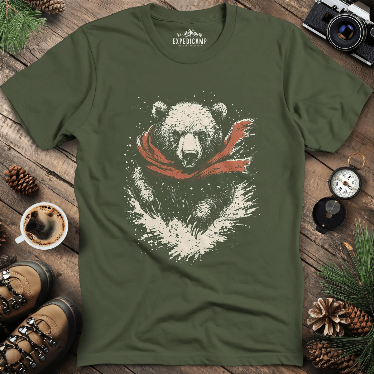 Winter Bear Scarf T-Shirt – Cozy Wilderness Design – Military Green – Outdoor apparel for travel, hiking, camping, and nature lovers – ExpediCamp