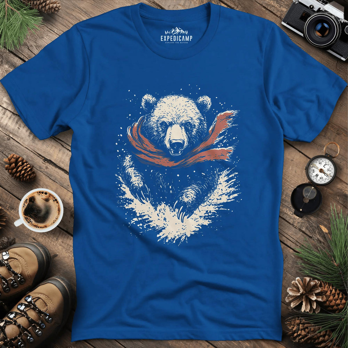 Winter Bear Scarf T-Shirt – Cozy Wilderness Design – Royal – Outdoor apparel for travel, hiking, camping, and nature lovers – ExpediCamp