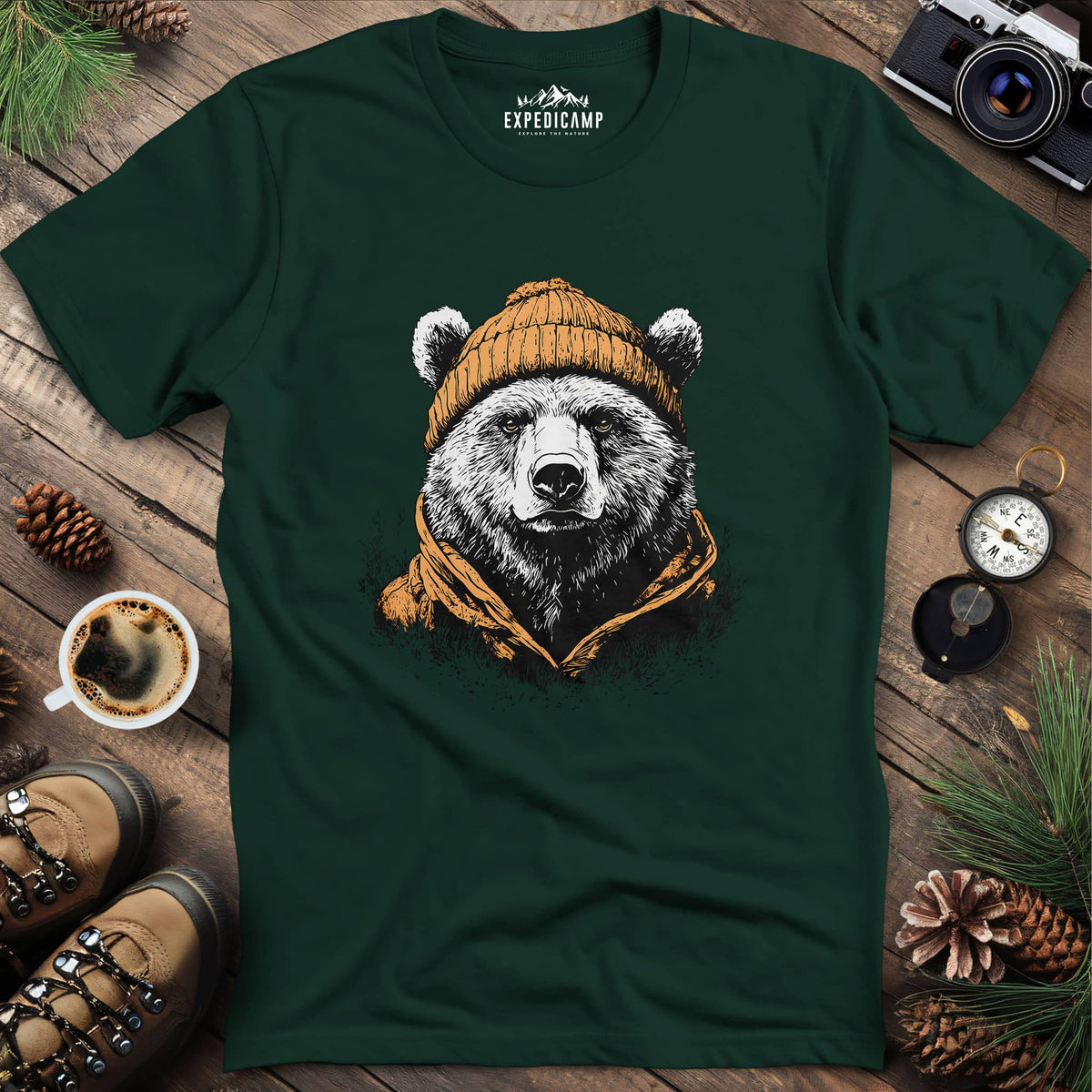 Winter Explorer Bear T-Shirt – Forest Green – Outdoor apparel for travel, hiking, camping, and nature lovers – ExpediCamp