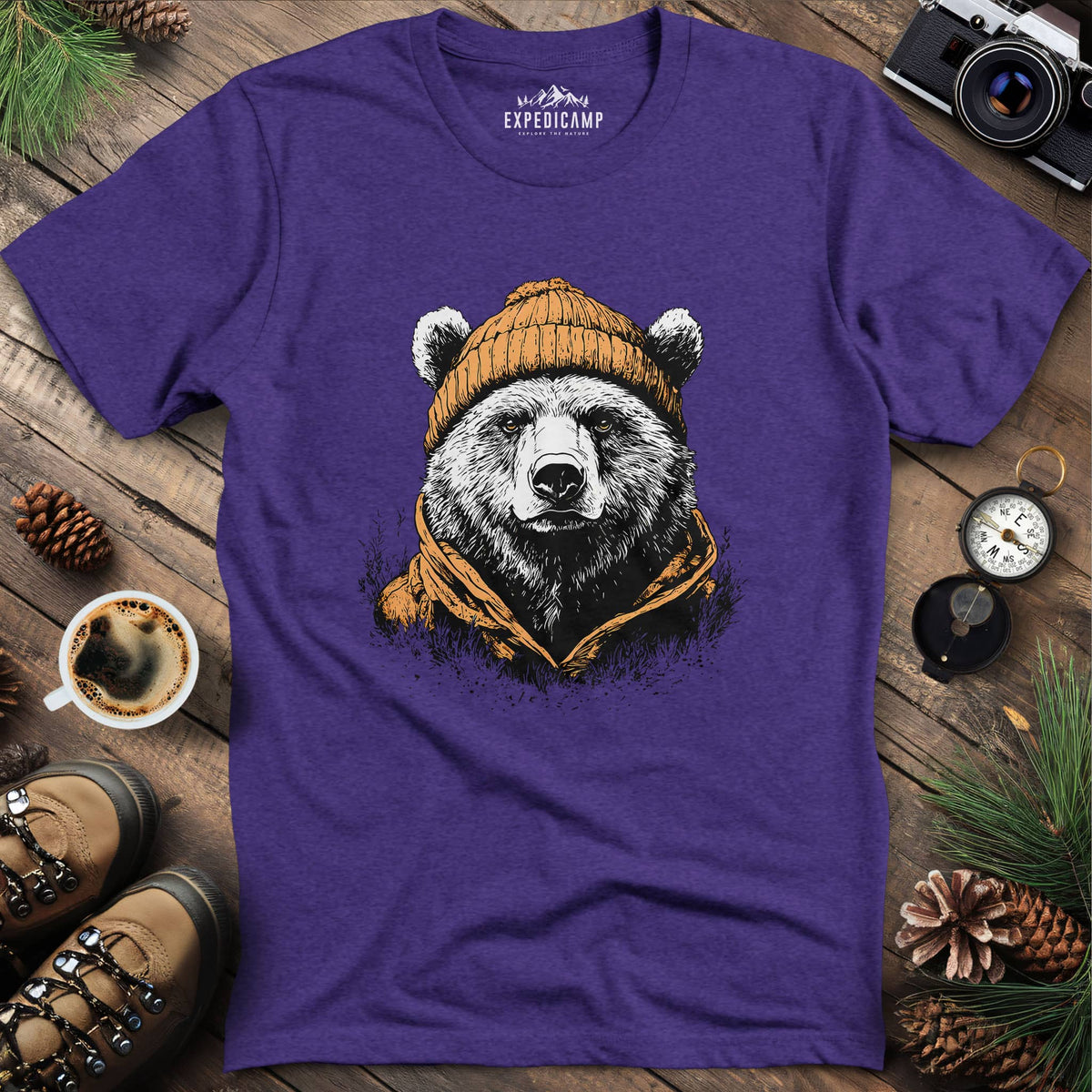 Winter Explorer Bear T-Shirt – Heather Purple – Outdoor apparel for travel, hiking, camping, and nature lovers – ExpediCamp