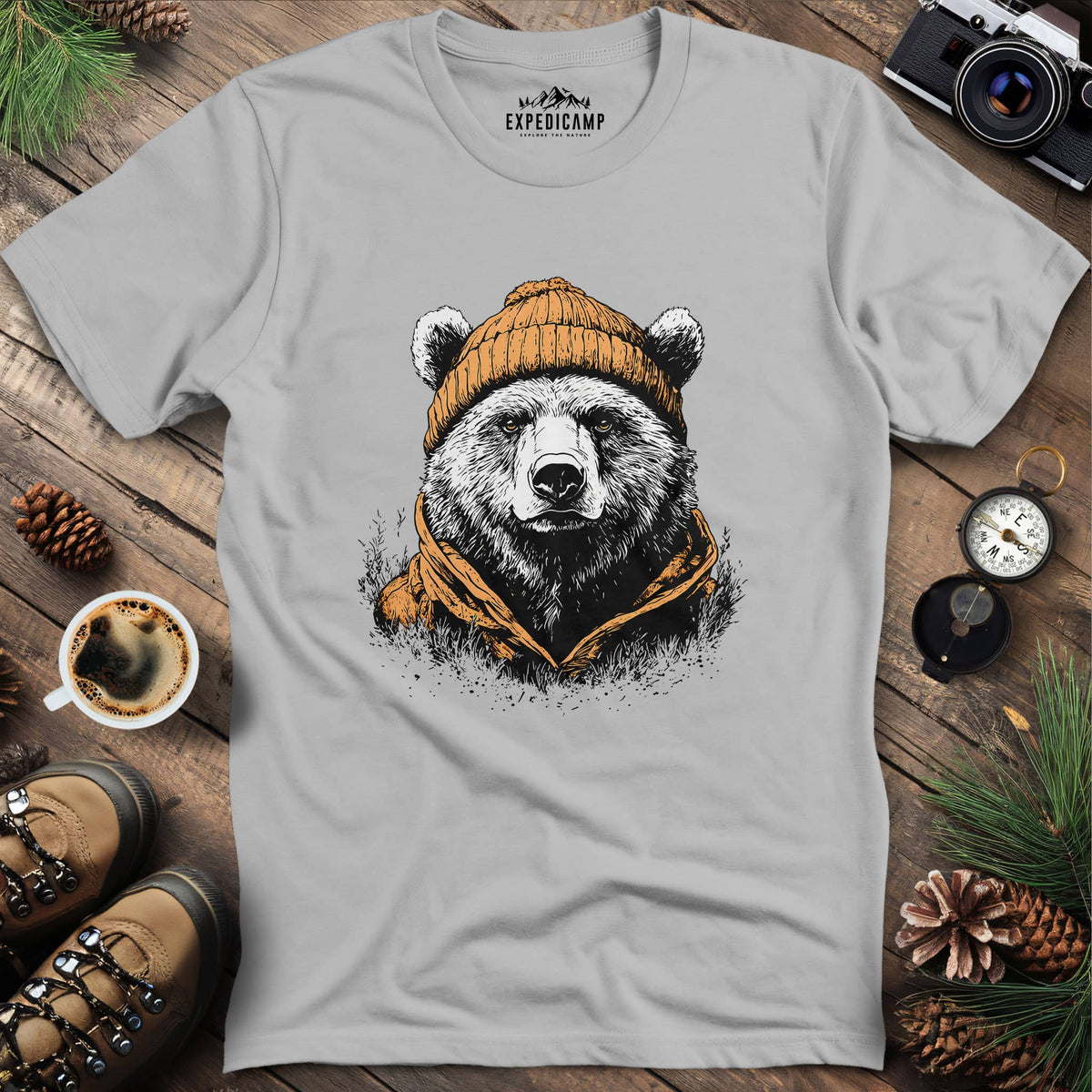 Winter Explorer Bear T-Shirt – Ice Grey – Outdoor apparel for travel, hiking, camping, and nature lovers – ExpediCamp