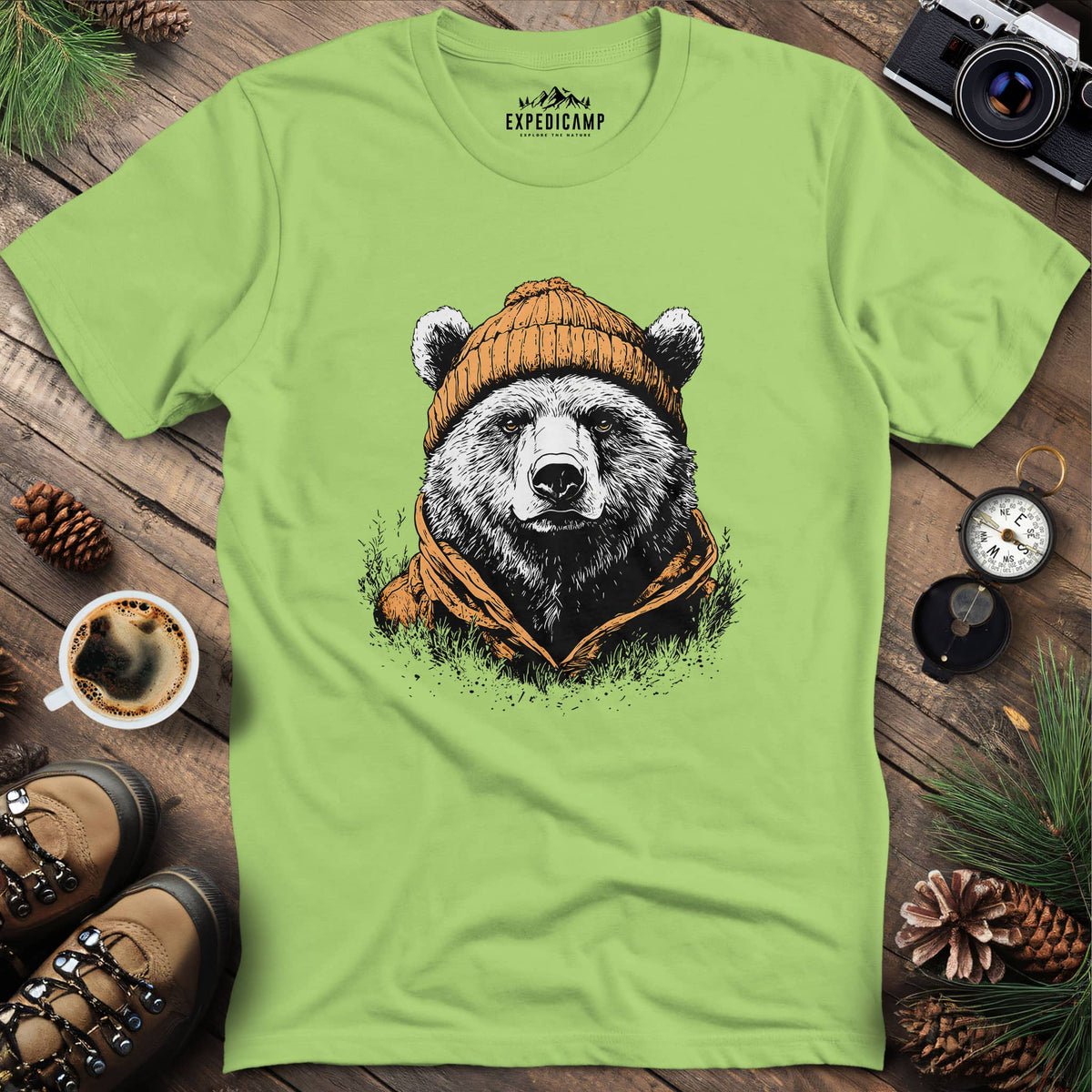 Winter Explorer Bear T-Shirt – Kiwi – Outdoor apparel for travel, hiking, camping, and nature lovers – ExpediCamp