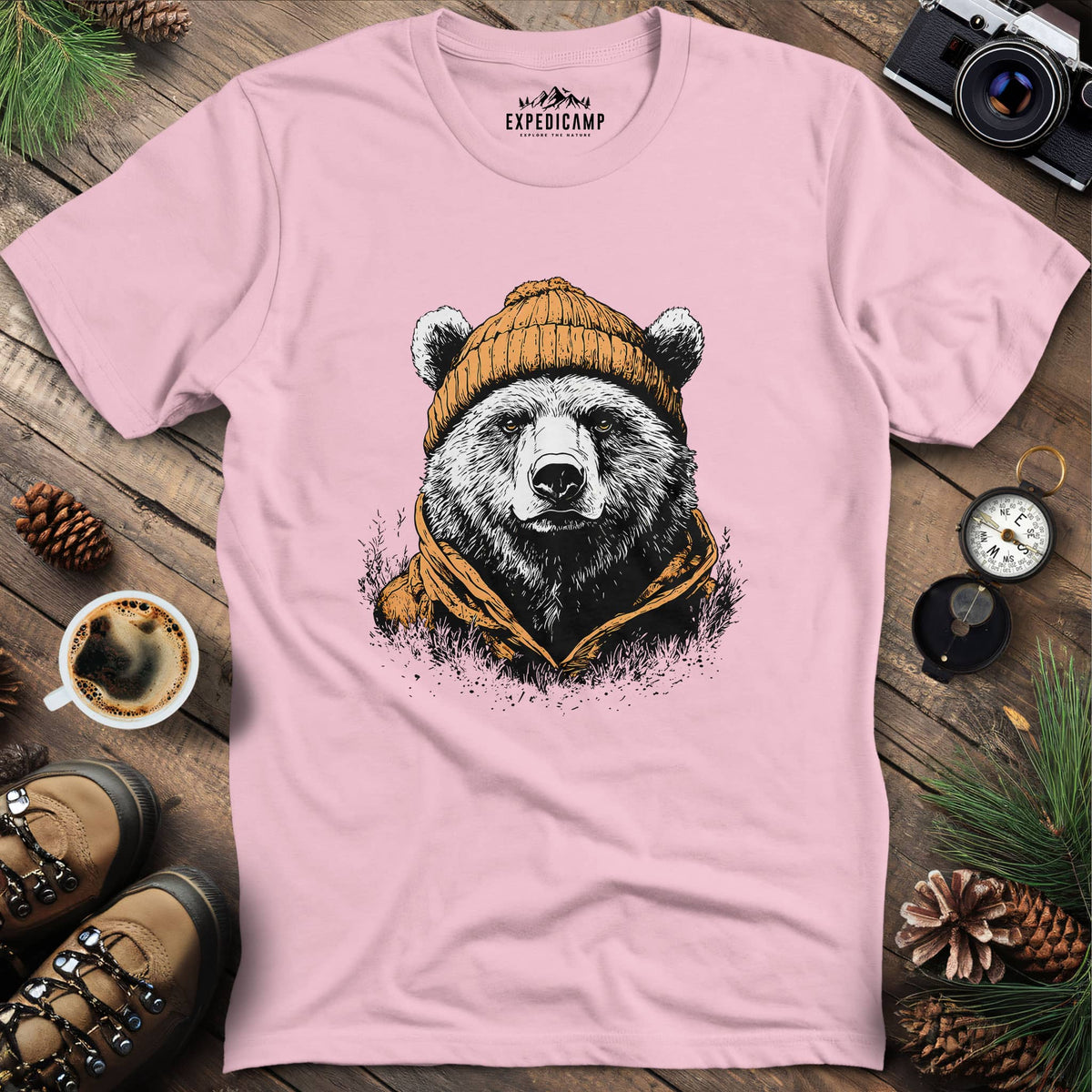 Winter Explorer Bear T-Shirt – Light Pink – Outdoor apparel for travel, hiking, camping, and nature lovers – ExpediCamp