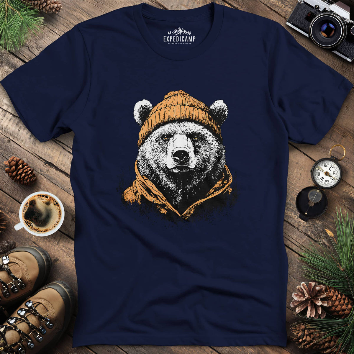 Winter Explorer Bear T-Shirt – Navy – Outdoor apparel for travel, hiking, camping, and nature lovers – ExpediCamp