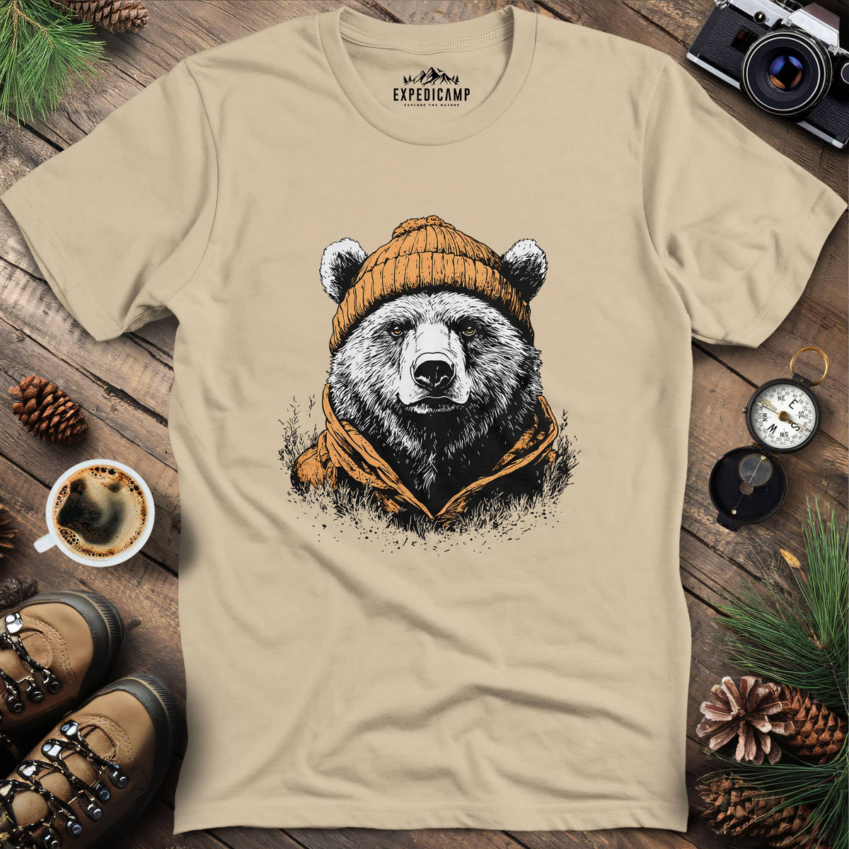 Winter Explorer Bear T-Shirt – Sand – Outdoor apparel for travel, hiking, camping, and nature lovers – ExpediCamp