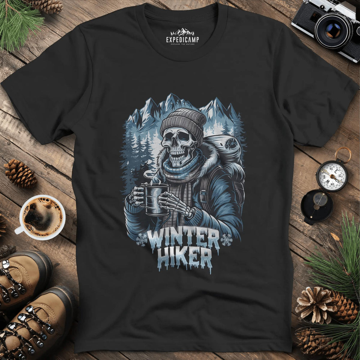 Winter Hiker T-Shirt – Black – Outdoor apparel for travel, hiking, camping, and nature lovers – ExpediCamp