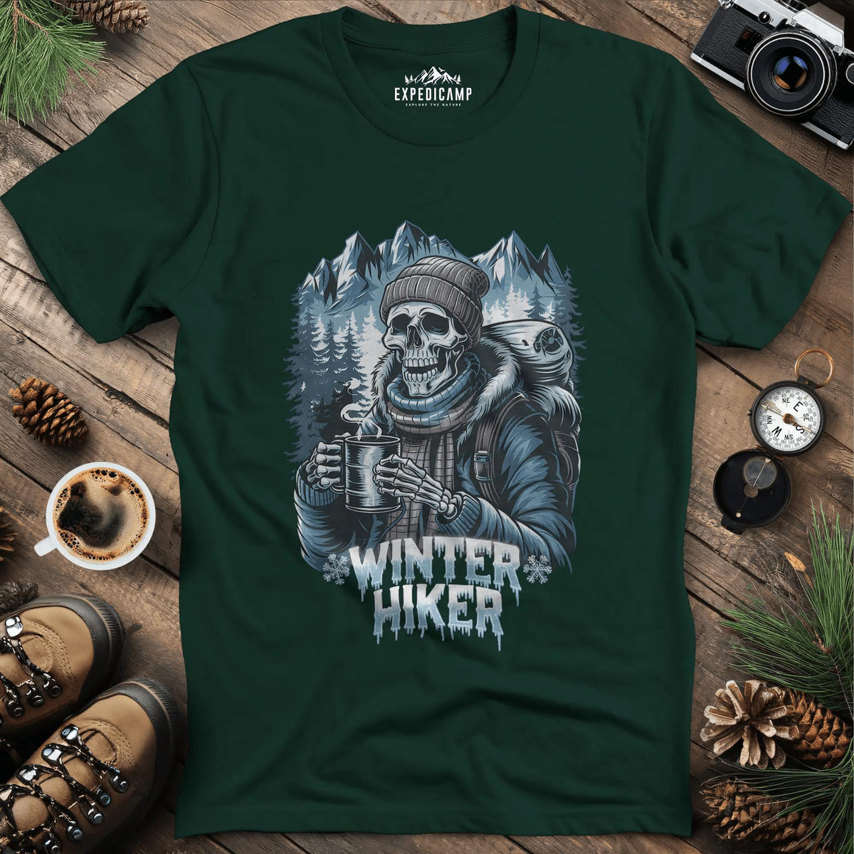 Winter Hiker T-Shirt – Forest Green – Outdoor apparel for travel, hiking, camping, and nature lovers – ExpediCamp