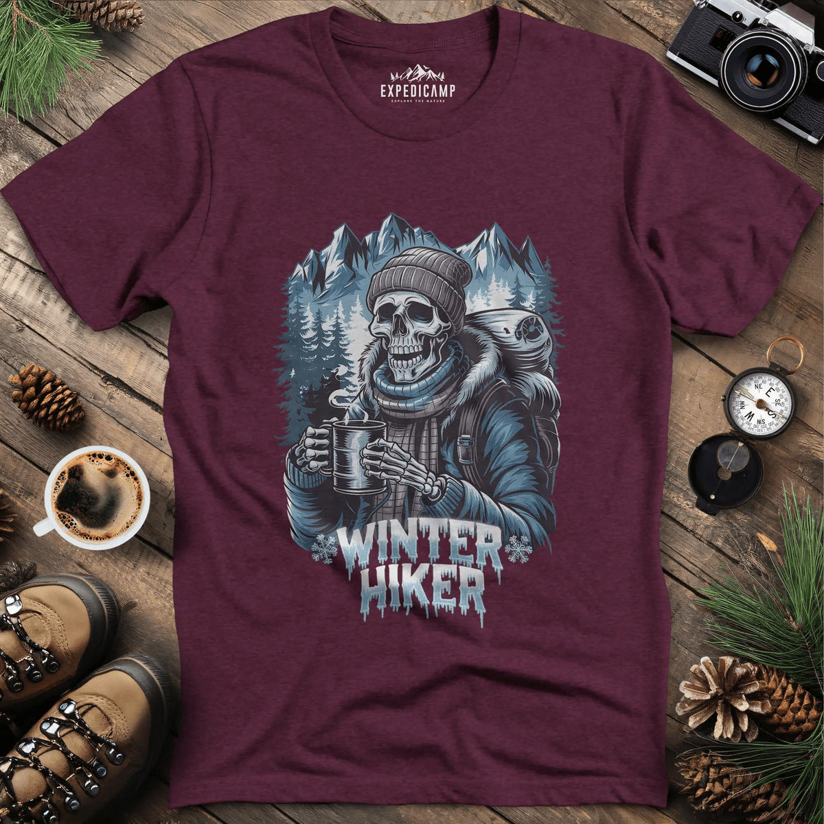 Winter Hiker T-Shirt – Heather Maroon – Outdoor apparel for travel, hiking, camping, and nature lovers – ExpediCamp