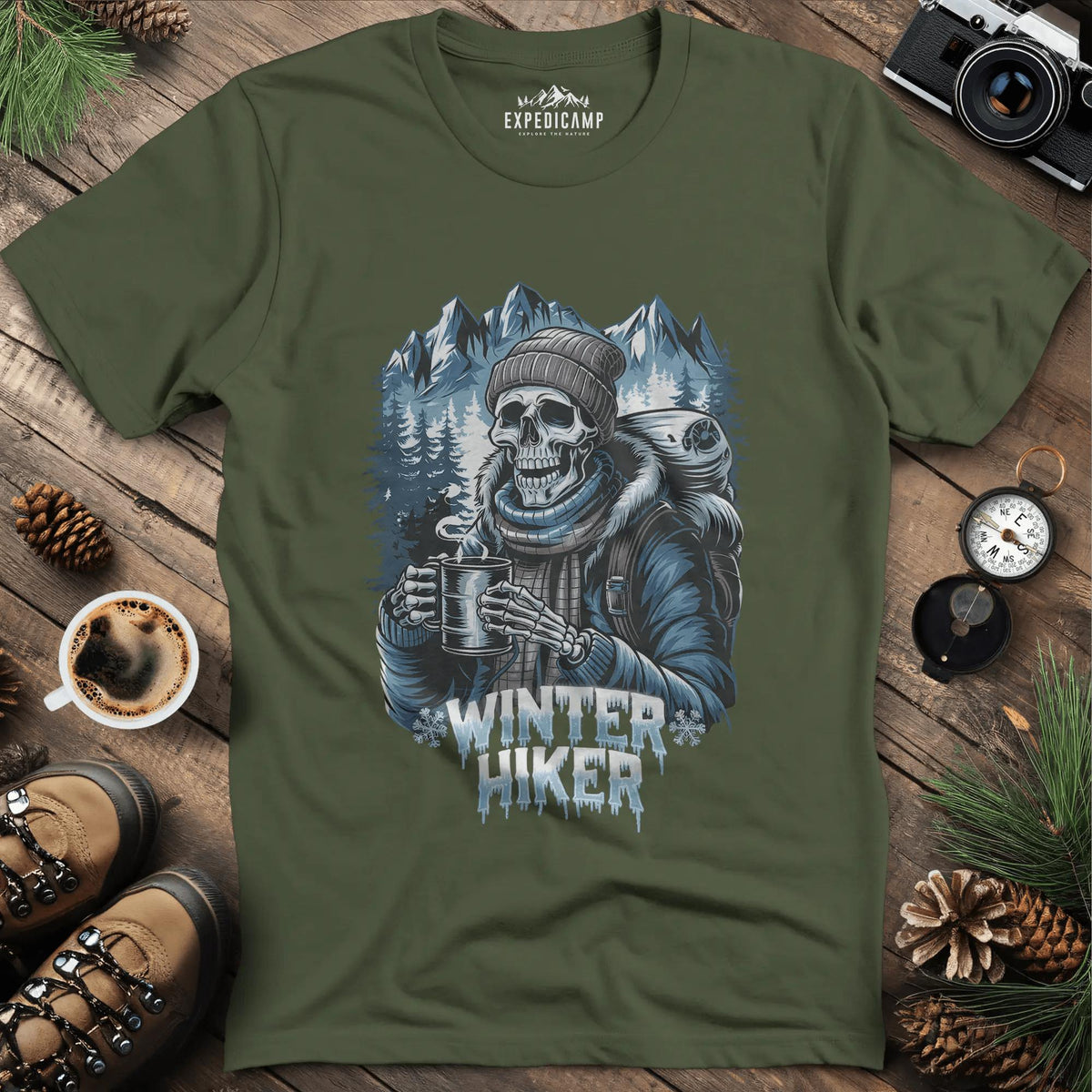 Winter Hiker T-Shirt – Military Green – Outdoor apparel for travel, hiking, camping, and nature lovers – ExpediCamp