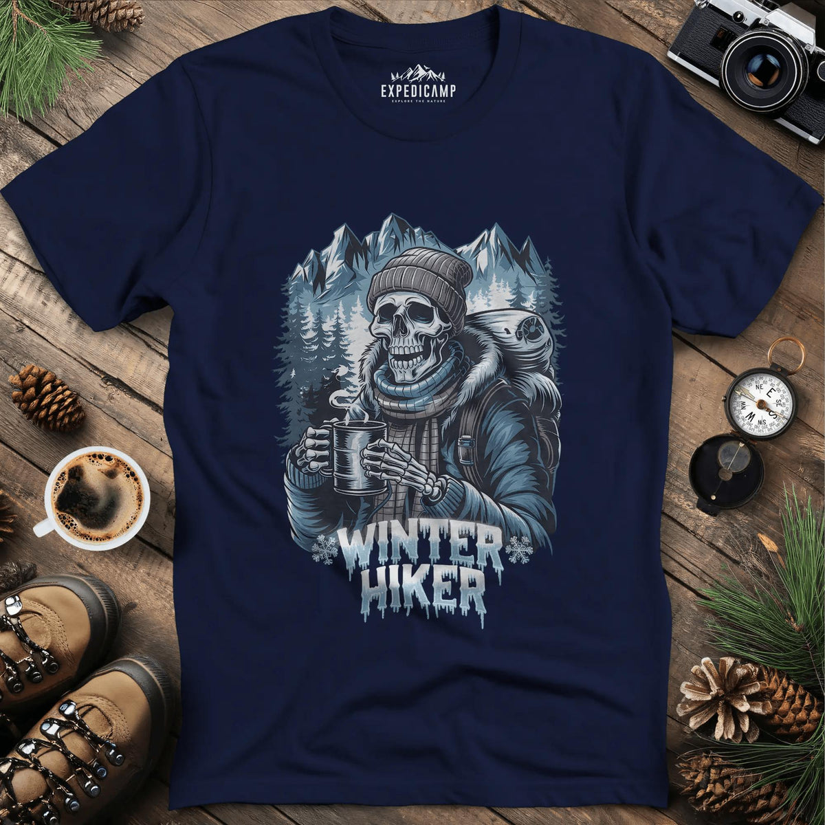 Winter Hiker T-Shirt – Navy – Outdoor apparel for travel, hiking, camping, and nature lovers – ExpediCamp