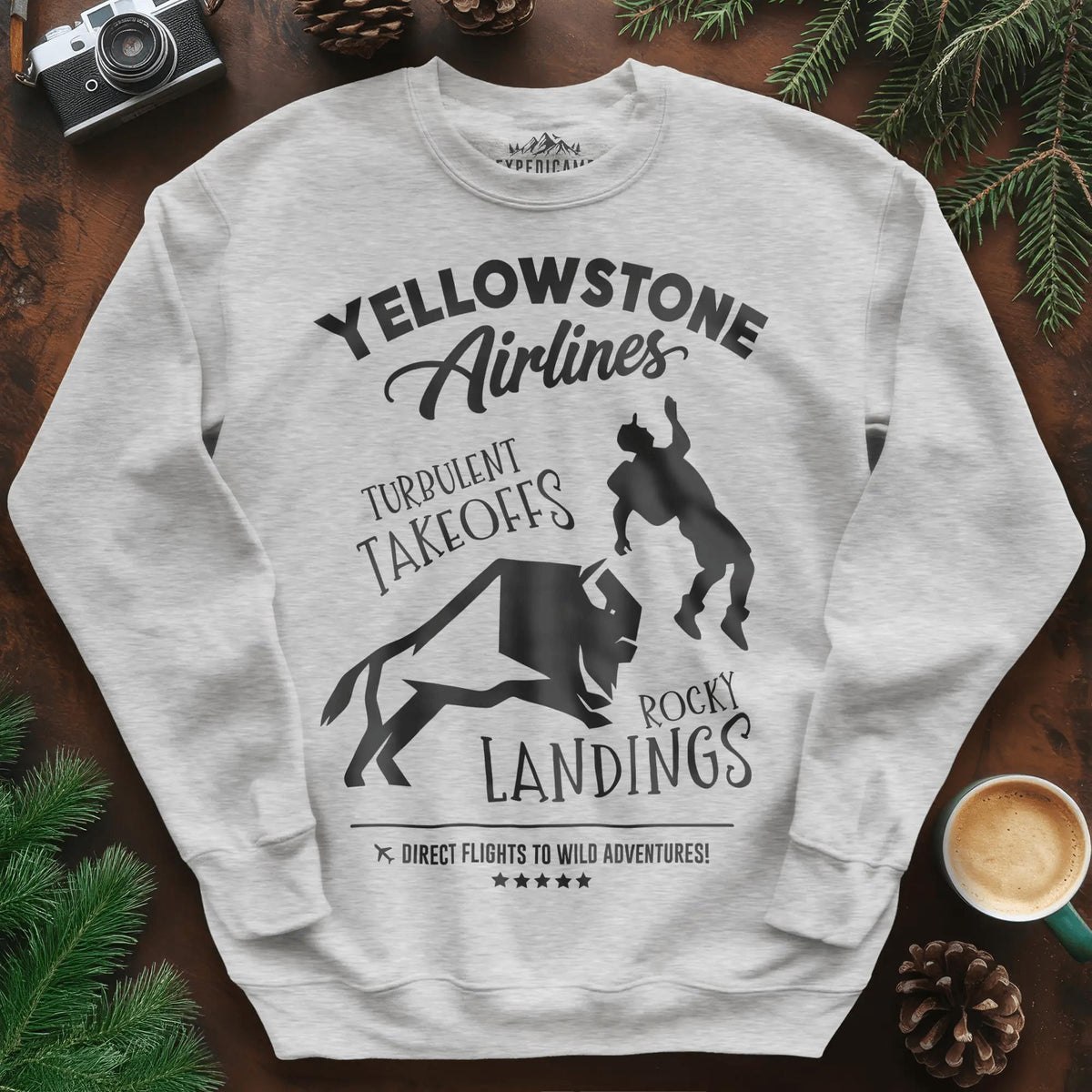 Yellowstone Airlines Sweatshirt - Turbulent Takeoffs & Rocky Landings – Ash – Outdoor apparel for travel, hiking, camping, and nature lovers – ExpediCamp