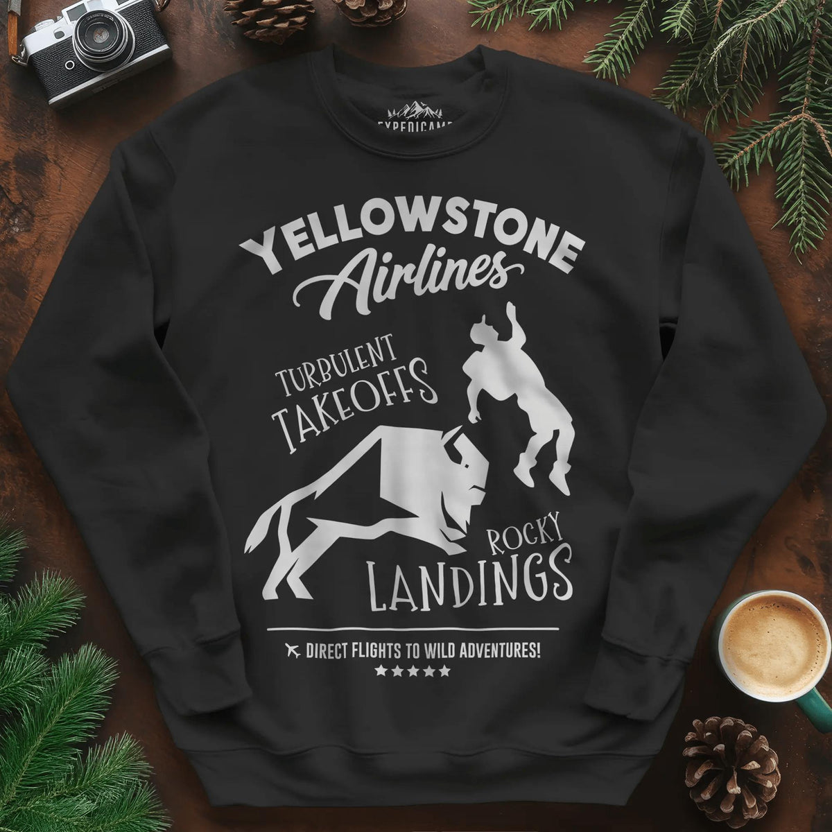 Yellowstone Airlines Sweatshirt - Turbulent Takeoffs & Rocky Landings – Black – Outdoor apparel for travel, hiking, camping, and nature lovers – ExpediCamp
