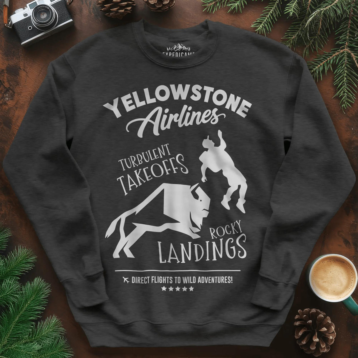 Yellowstone Airlines Sweatshirt - Turbulent Takeoffs & Rocky Landings – Dark Heather – Outdoor apparel for travel, hiking, camping, and nature lovers – ExpediCamp