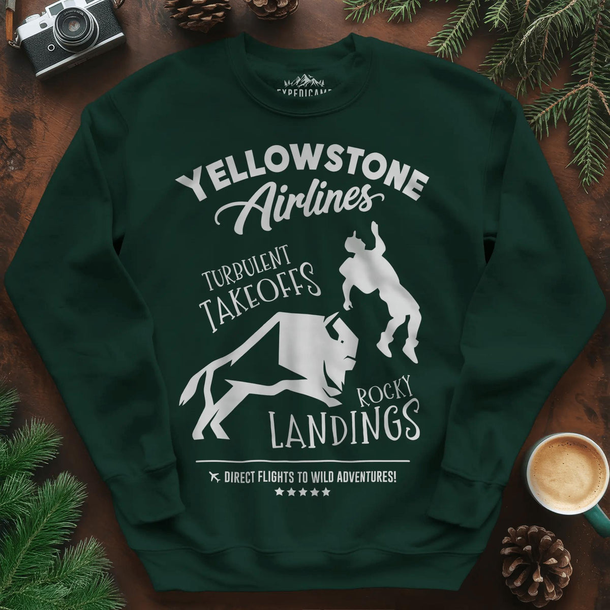 Yellowstone Airlines Sweatshirt - Turbulent Takeoffs & Rocky Landings – Forest Green – Outdoor apparel for travel, hiking, camping, and nature lovers – ExpediCamp