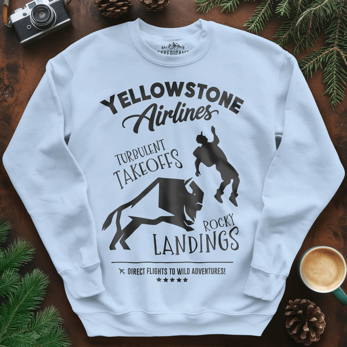 Yellowstone Airlines Sweatshirt - Turbulent Takeoffs & Rocky Landings – Light Blue – Outdoor apparel for travel, hiking, camping, and nature lovers – ExpediCamp