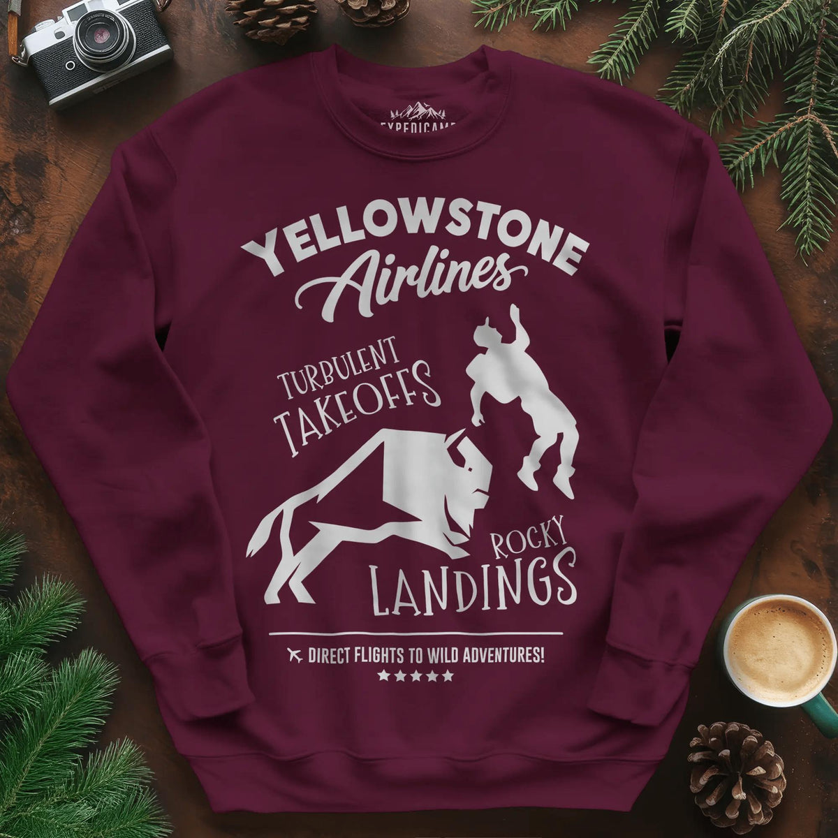 Yellowstone Airlines Sweatshirt - Turbulent Takeoffs & Rocky Landings – Maroon – Outdoor apparel for travel, hiking, camping, and nature lovers – ExpediCamp