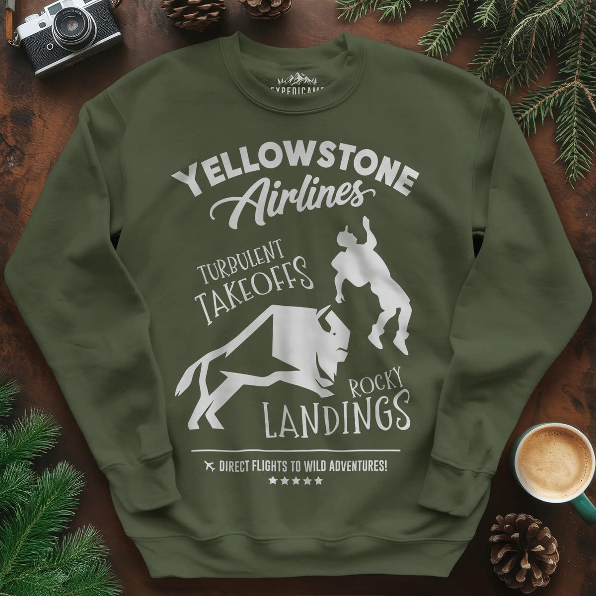 Yellowstone Airlines Sweatshirt - Turbulent Takeoffs & Rocky Landings – Military Green – Outdoor apparel for travel, hiking, camping, and nature lovers – ExpediCamp