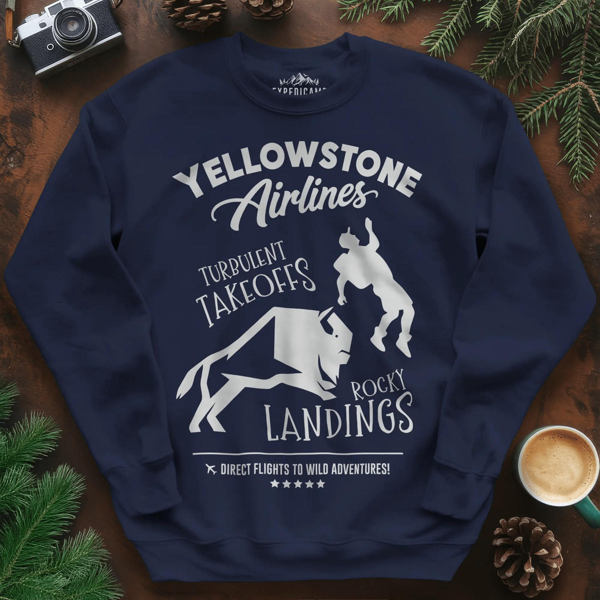 Yellowstone Airlines Sweatshirt - Turbulent Takeoffs & Rocky Landings – Navy – Outdoor apparel for travel, hiking, camping, and nature lovers – ExpediCamp