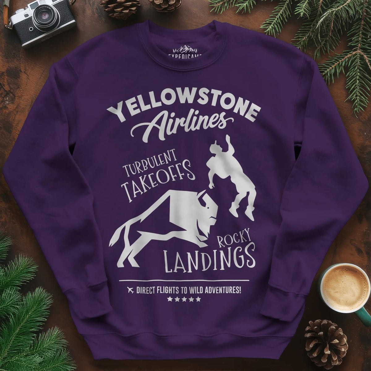 Yellowstone Airlines Sweatshirt - Turbulent Takeoffs & Rocky Landings – Purple – Outdoor apparel for travel, hiking, camping, and nature lovers – ExpediCamp