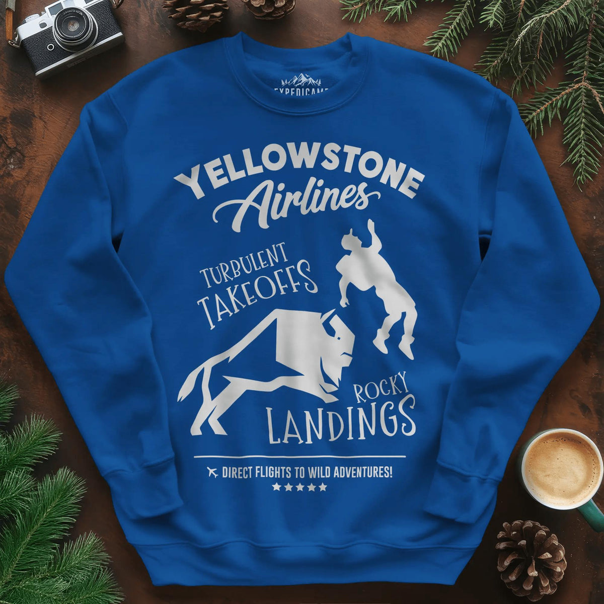 Yellowstone Airlines Sweatshirt - Turbulent Takeoffs & Rocky Landings – Royal – Outdoor apparel for travel, hiking, camping, and nature lovers – ExpediCamp