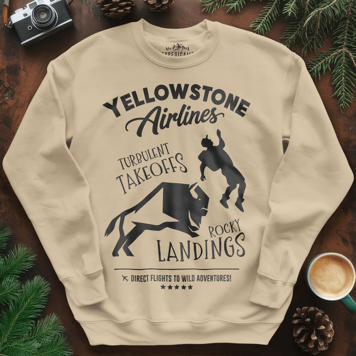 Yellowstone Airlines Sweatshirt - Turbulent Takeoffs & Rocky Landings – Sand – Outdoor apparel for travel, hiking, camping, and nature lovers – ExpediCamp