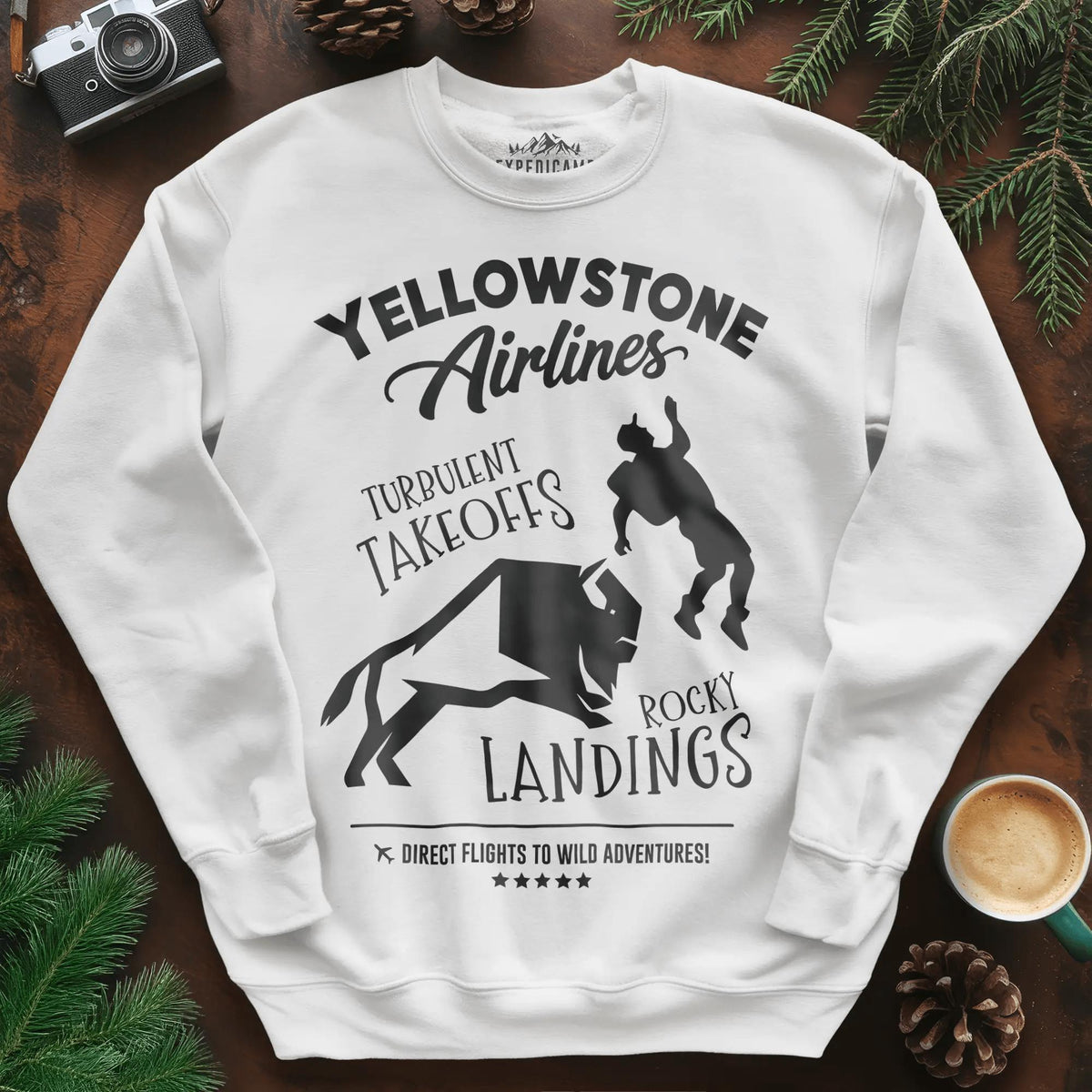 Yellowstone Airlines Sweatshirt - Turbulent Takeoffs & Rocky Landings – White – Outdoor apparel for travel, hiking, camping, and nature lovers – ExpediCamp