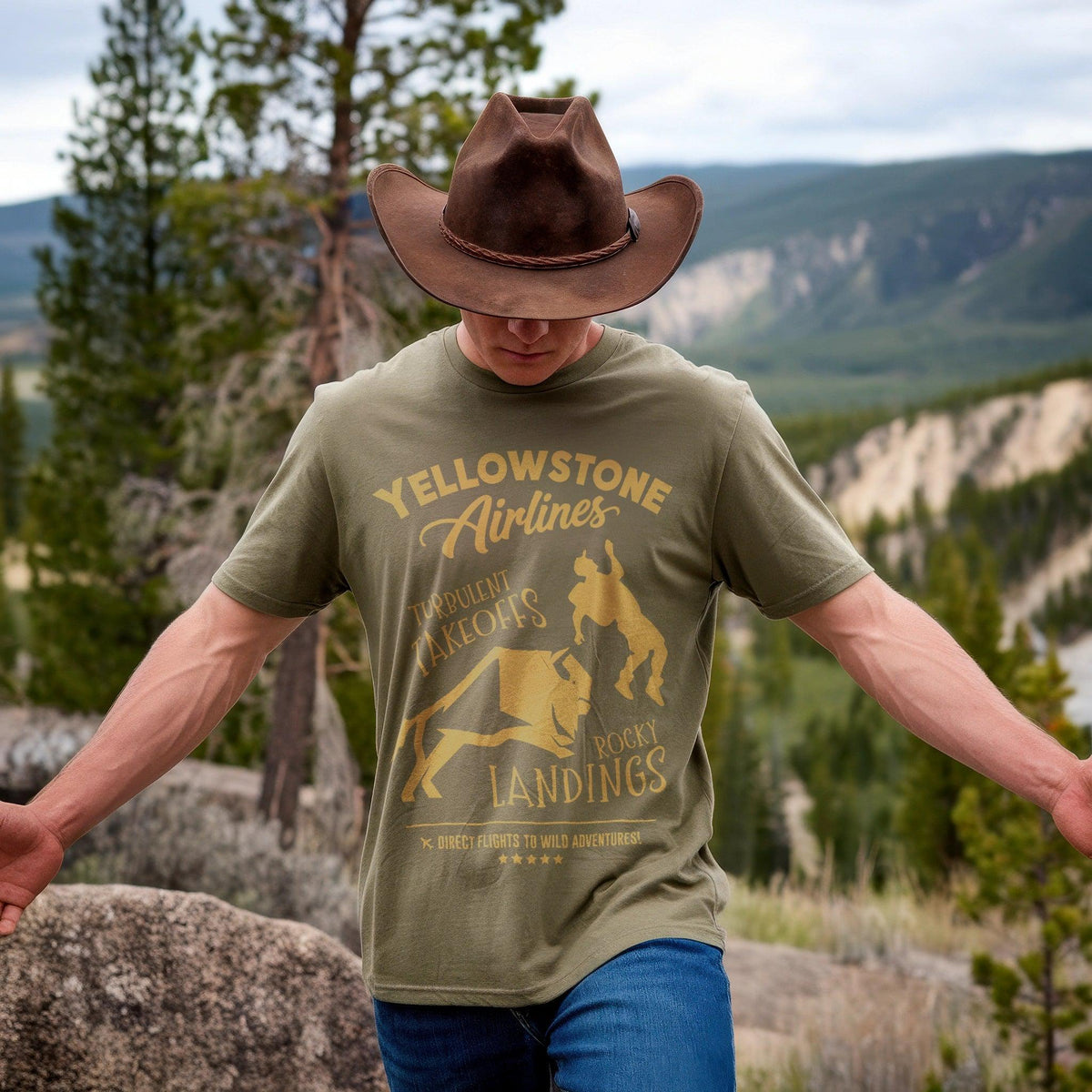 Yellowstone Airlines T-Shirt - Turbulent Takeoffs & Rocky Landings – – Outdoor apparel for travel, hiking, camping, and nature lovers – ExpediCamp