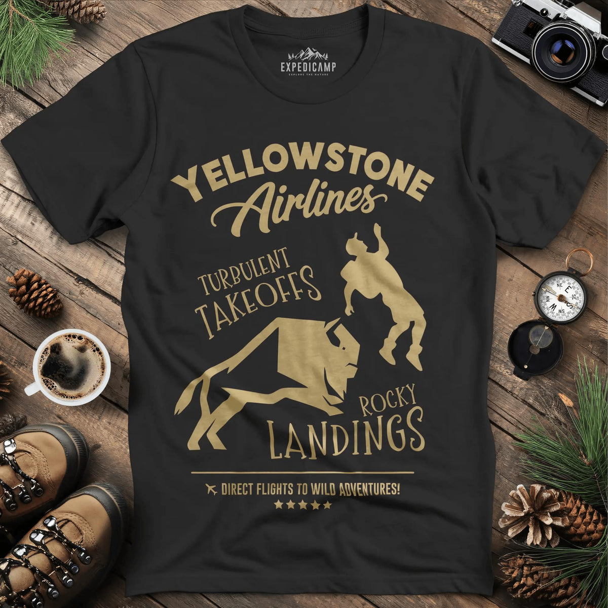 Yellowstone Airlines T-Shirt - Turbulent Takeoffs & Rocky Landings – Black – Outdoor apparel for travel, hiking, camping, and nature lovers – ExpediCamp