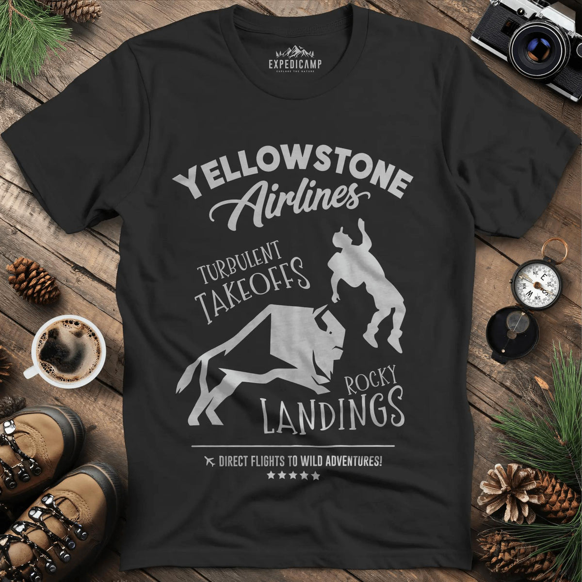 Yellowstone Airlines T-Shirt - Turbulent Takeoffs & Rocky Landings – Black – Outdoor apparel for travel, hiking, camping, and nature lovers – ExpediCamp