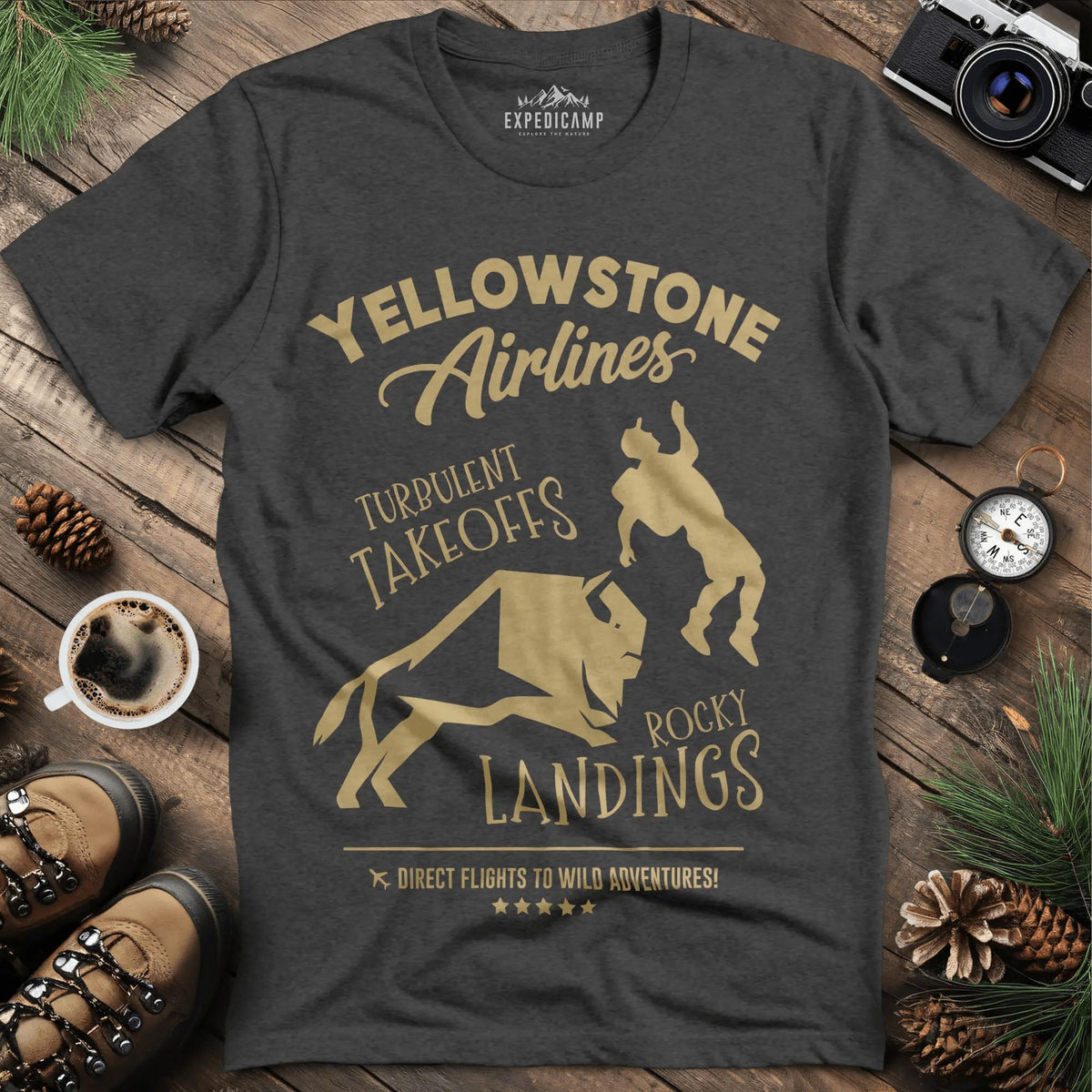 Yellowstone Airlines T-Shirt - Turbulent Takeoffs & Rocky Landings – Dark Heather – Outdoor apparel for travel, hiking, camping, and nature lovers – ExpediCamp