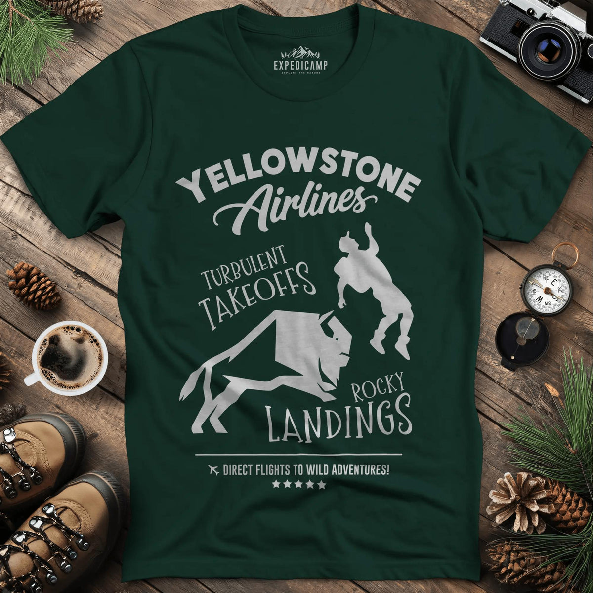 Yellowstone Airlines T-Shirt - Turbulent Takeoffs & Rocky Landings – Forest Green – Outdoor apparel for travel, hiking, camping, and nature lovers – ExpediCamp