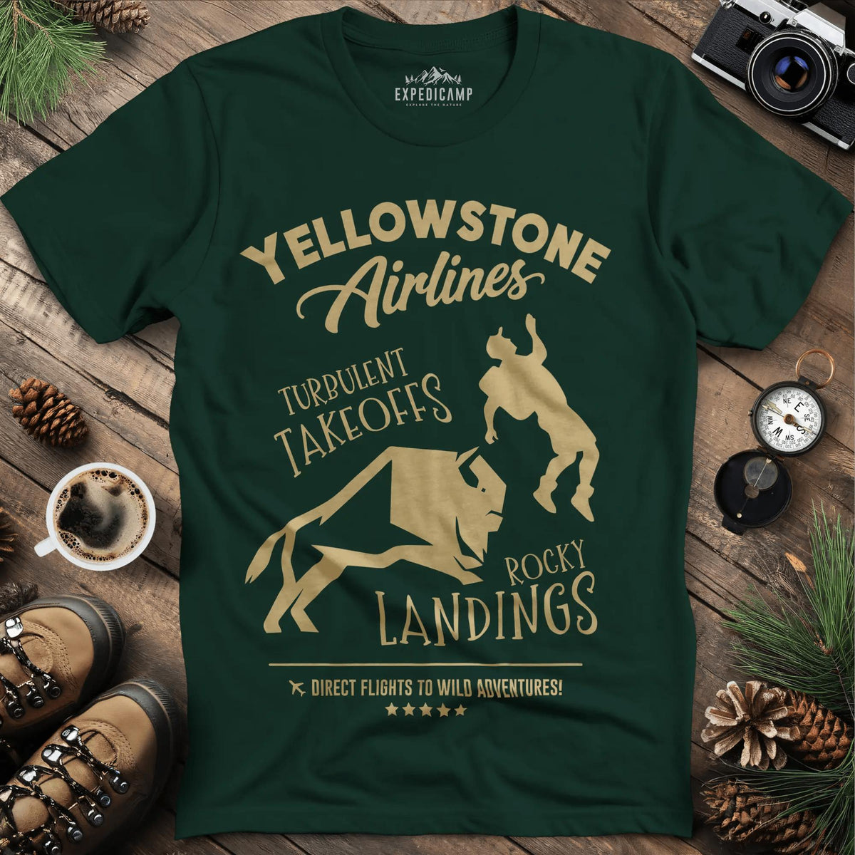 Yellowstone Airlines T-Shirt - Turbulent Takeoffs & Rocky Landings – Forest Green – Outdoor apparel for travel, hiking, camping, and nature lovers – ExpediCamp