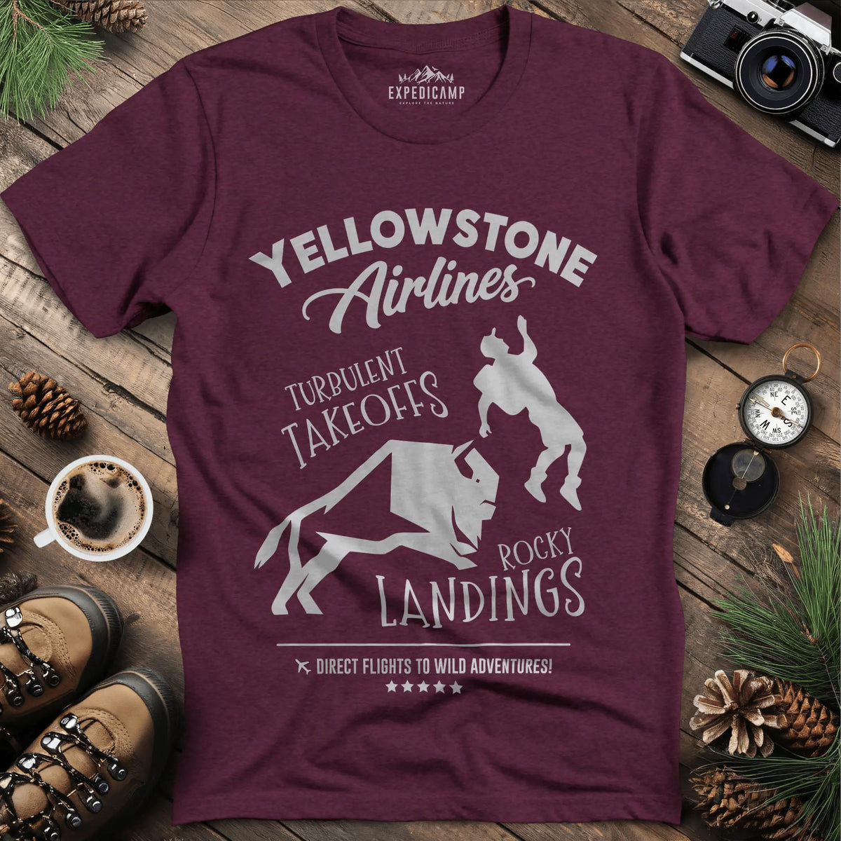 Yellowstone Airlines T-Shirt - Turbulent Takeoffs & Rocky Landings – Heather Maroon – Outdoor apparel for travel, hiking, camping, and nature lovers – ExpediCamp