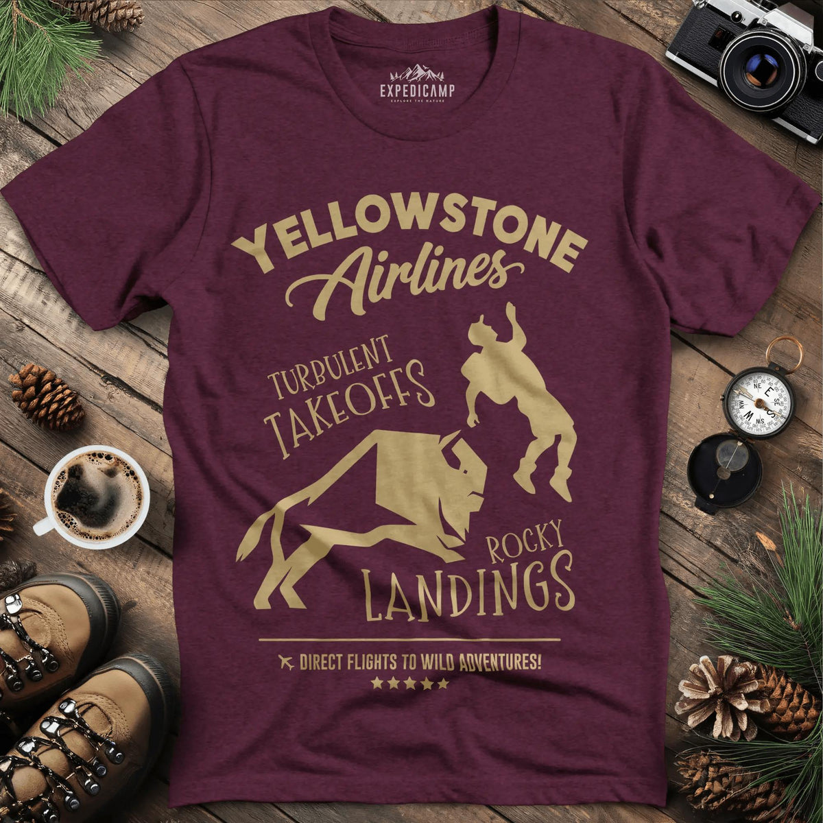 Yellowstone Airlines T-Shirt - Turbulent Takeoffs & Rocky Landings – Heather Maroon – Outdoor apparel for travel, hiking, camping, and nature lovers – ExpediCamp