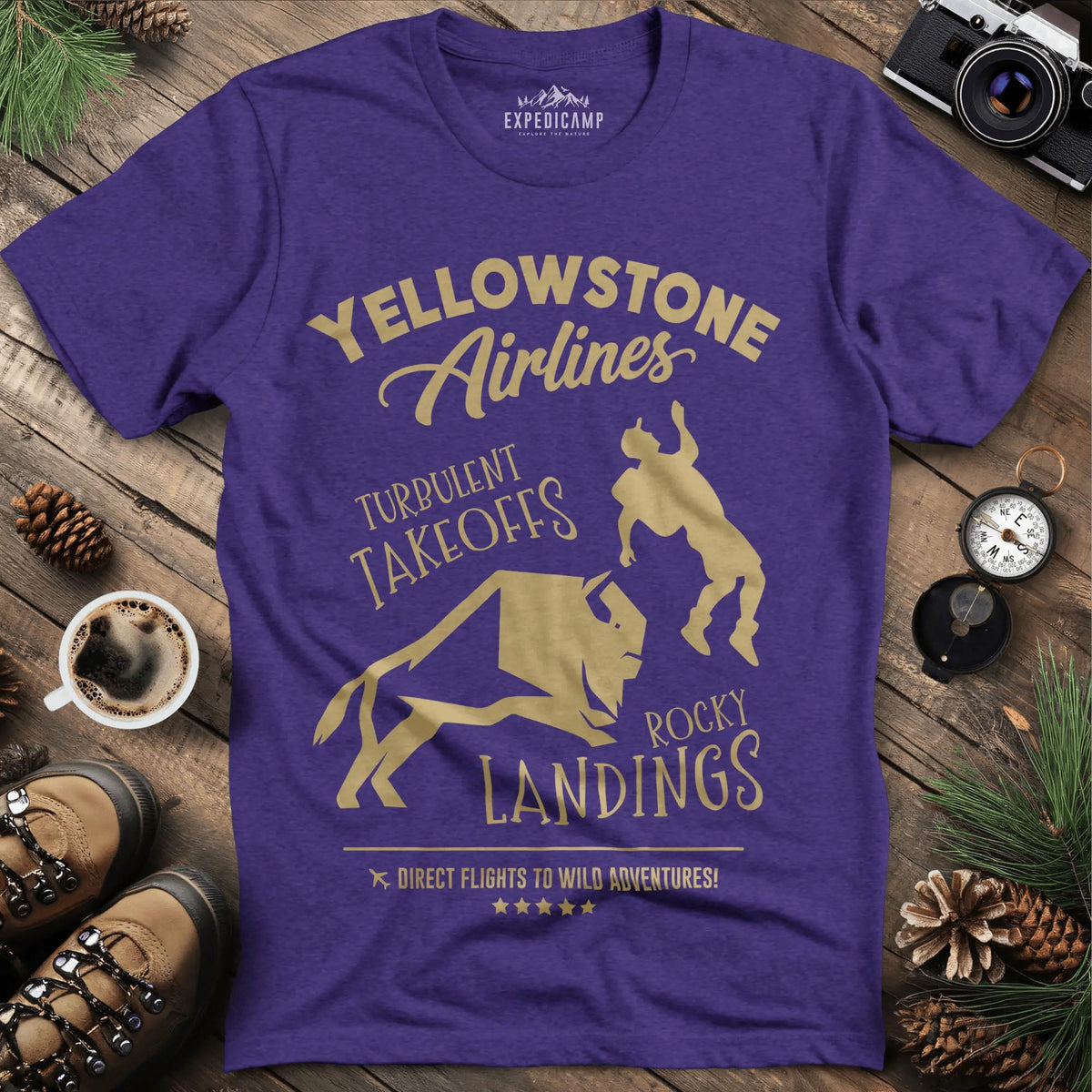 Yellowstone Airlines T-Shirt - Turbulent Takeoffs & Rocky Landings – Heather Purple – Outdoor apparel for travel, hiking, camping, and nature lovers – ExpediCamp