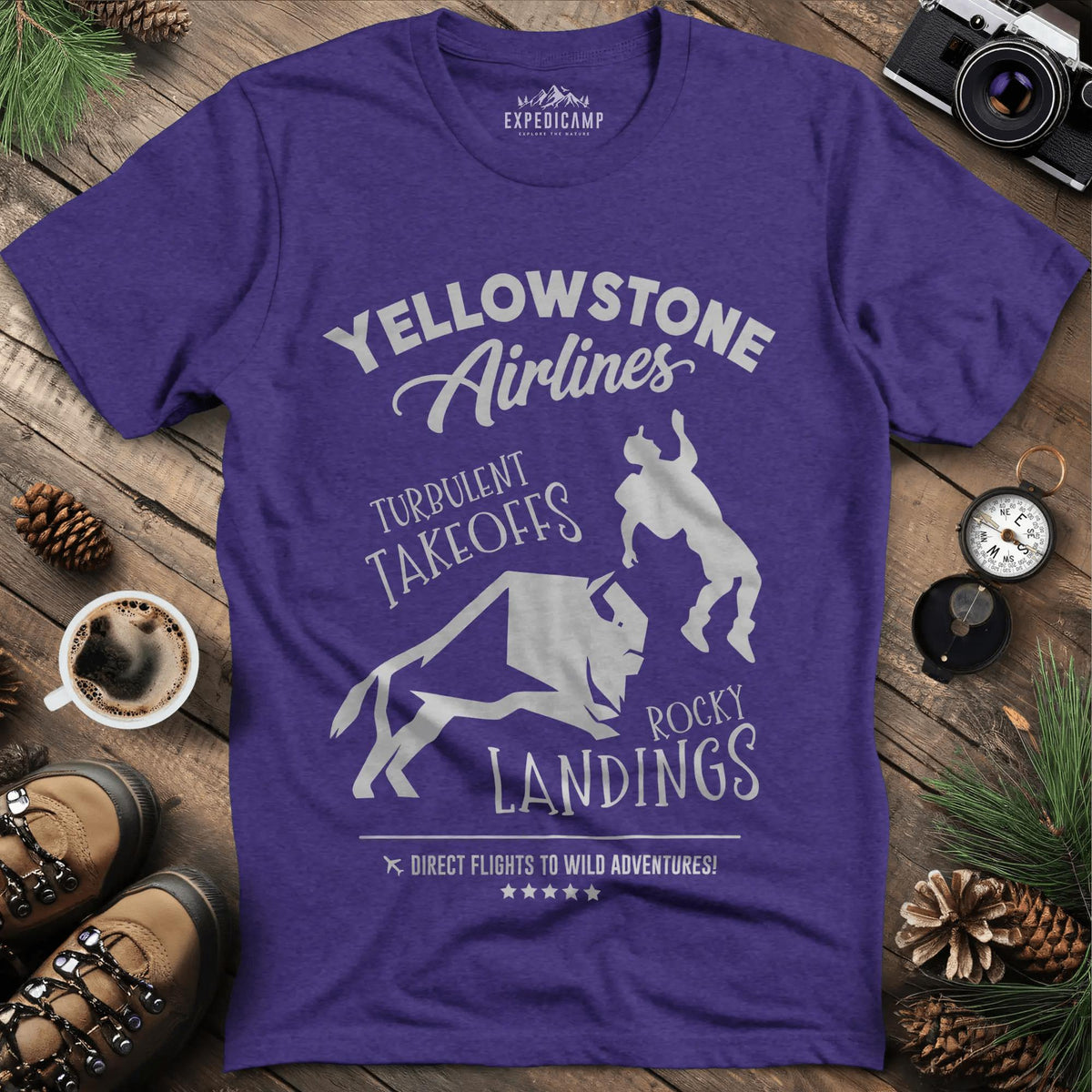 Yellowstone Airlines T-Shirt - Turbulent Takeoffs & Rocky Landings – Heather Purple – Outdoor apparel for travel, hiking, camping, and nature lovers – ExpediCamp