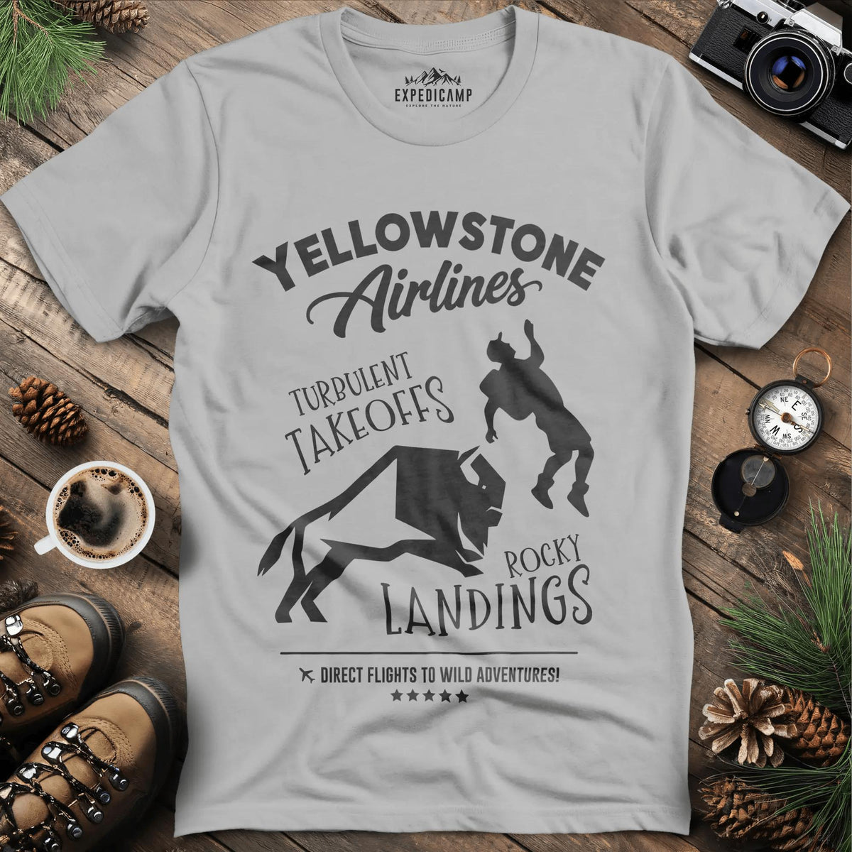 Yellowstone Airlines T-Shirt - Turbulent Takeoffs & Rocky Landings – Ice Grey – Outdoor apparel for travel, hiking, camping, and nature lovers – ExpediCamp