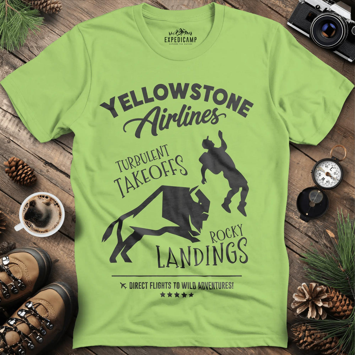 Yellowstone Airlines T-Shirt - Turbulent Takeoffs & Rocky Landings – Kiwi – Outdoor apparel for travel, hiking, camping, and nature lovers – ExpediCamp