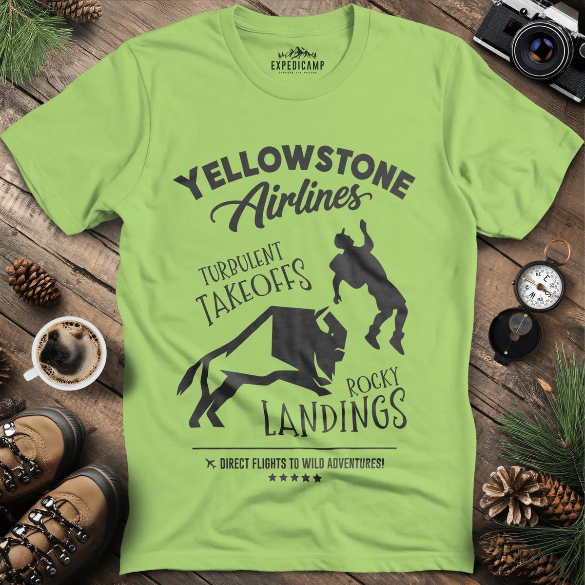 Yellowstone Airlines T-Shirt - Turbulent Takeoffs & Rocky Landings – Kiwi – Outdoor apparel for travel, hiking, camping, and nature lovers – ExpediCamp