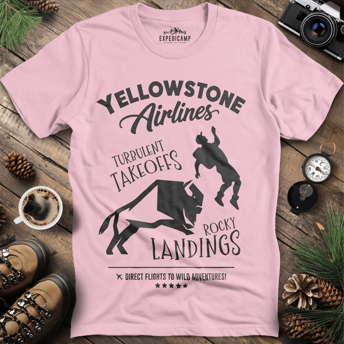 Yellowstone Airlines T-Shirt - Turbulent Takeoffs & Rocky Landings – Light Pink – Outdoor apparel for travel, hiking, camping, and nature lovers – ExpediCamp