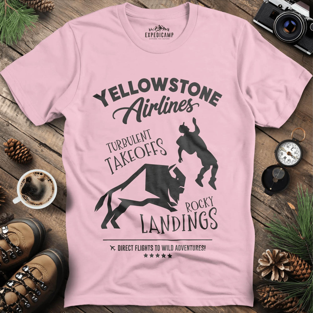 Yellowstone Airlines T-Shirt - Turbulent Takeoffs & Rocky Landings – Light Pink – Outdoor apparel for travel, hiking, camping, and nature lovers – ExpediCamp