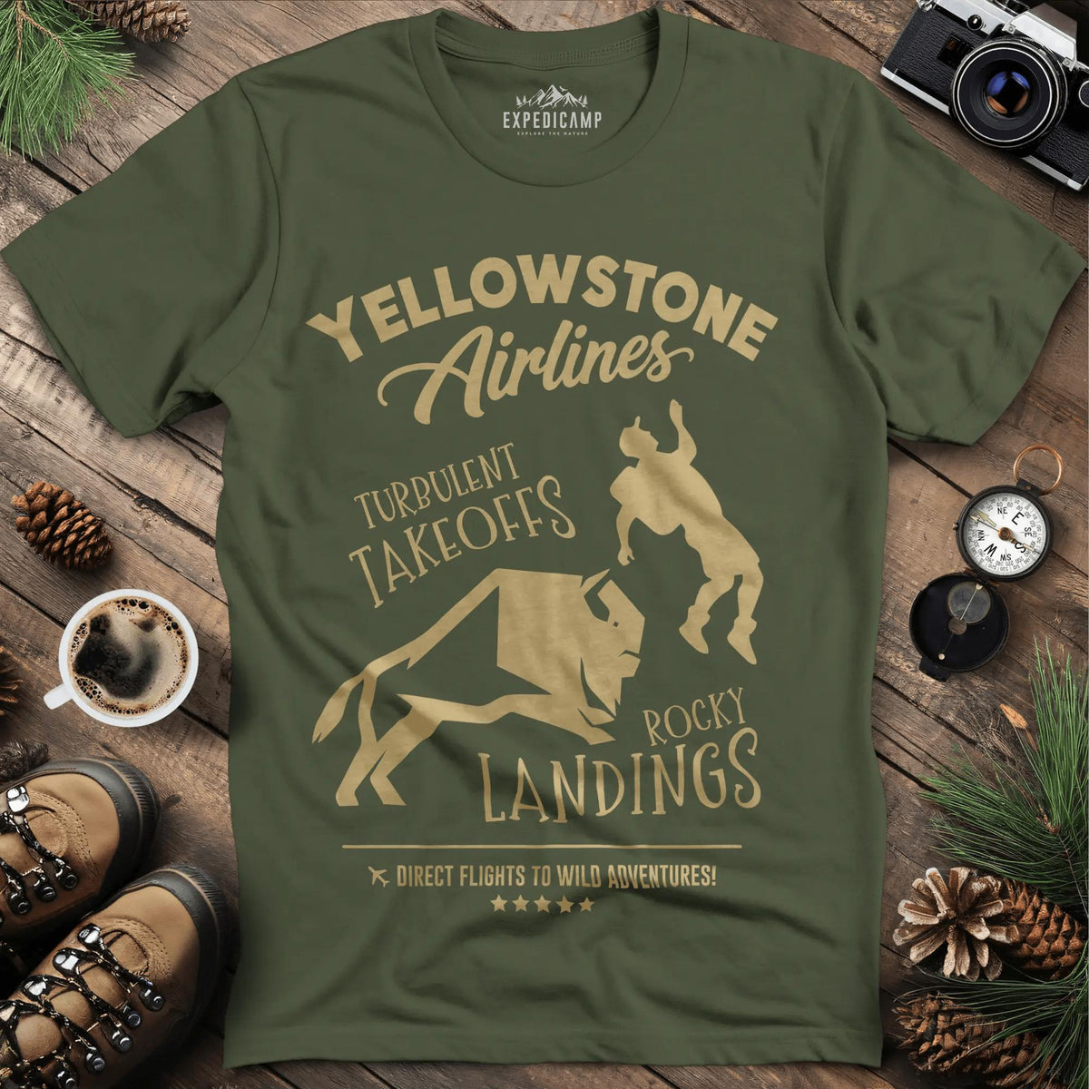 Yellowstone Airlines T-Shirt - Turbulent Takeoffs & Rocky Landings – Military Green – Outdoor apparel for travel, hiking, camping, and nature lovers – ExpediCamp