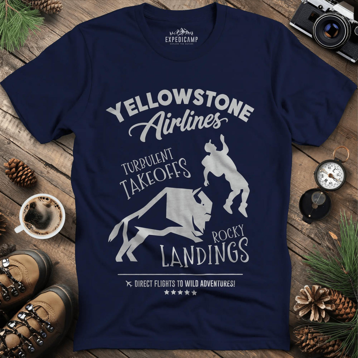 Yellowstone Airlines T-Shirt - Turbulent Takeoffs & Rocky Landings – Navy – Outdoor apparel for travel, hiking, camping, and nature lovers – ExpediCamp