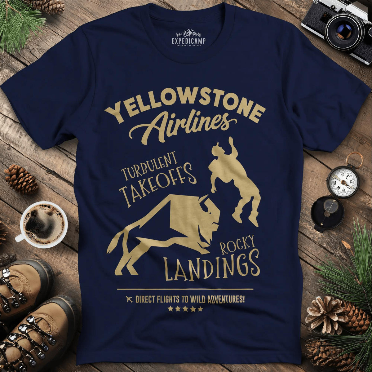 Yellowstone Airlines T-Shirt - Turbulent Takeoffs & Rocky Landings – Navy – Outdoor apparel for travel, hiking, camping, and nature lovers – ExpediCamp