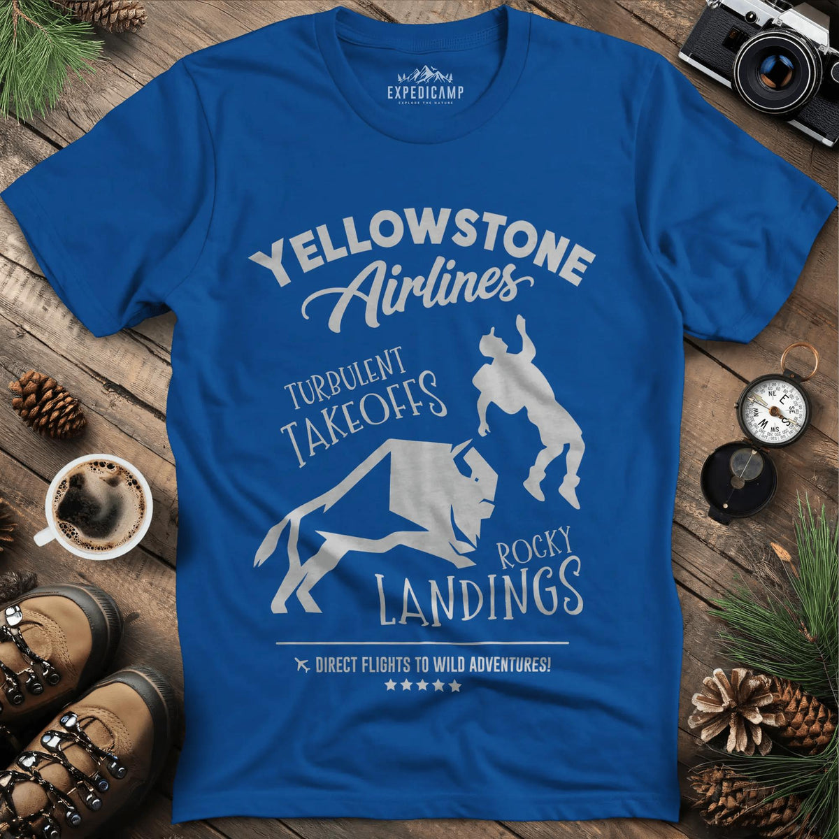 Yellowstone Airlines T-Shirt - Turbulent Takeoffs & Rocky Landings – Royal – Outdoor apparel for travel, hiking, camping, and nature lovers – ExpediCamp