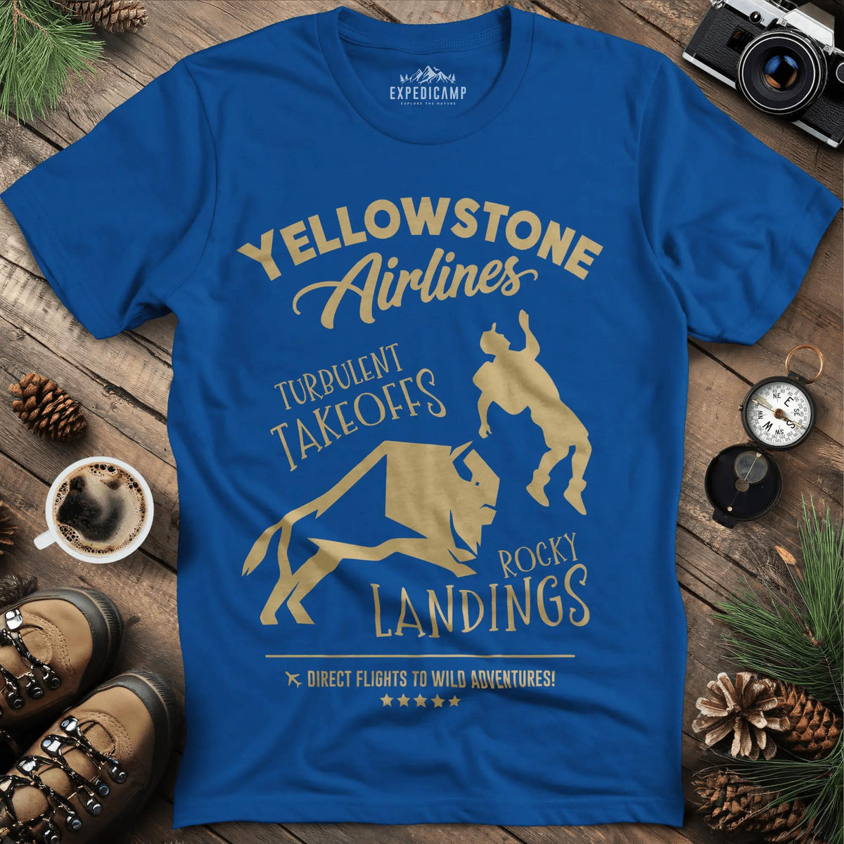 Yellowstone Airlines T-Shirt - Turbulent Takeoffs & Rocky Landings – Royal – Outdoor apparel for travel, hiking, camping, and nature lovers – ExpediCamp