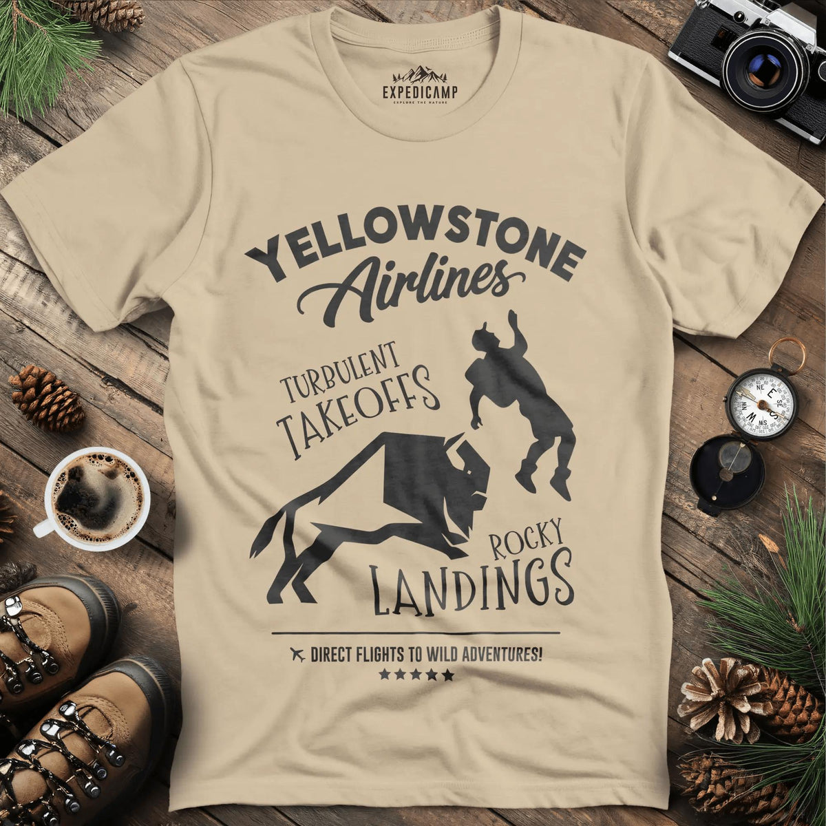 Yellowstone Airlines T-Shirt - Turbulent Takeoffs & Rocky Landings – Sand – Outdoor apparel for travel, hiking, camping, and nature lovers – ExpediCamp
